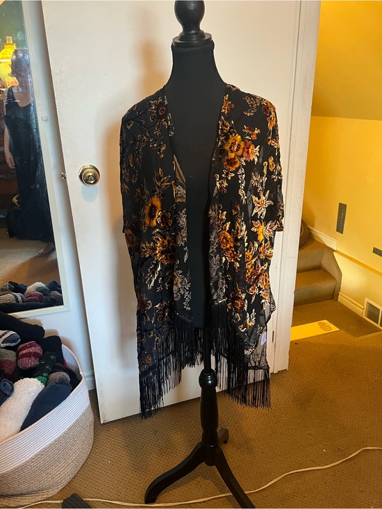 ky soreca Accessories - Black Floral Fringe Kimono Wrap with Mustard Accents